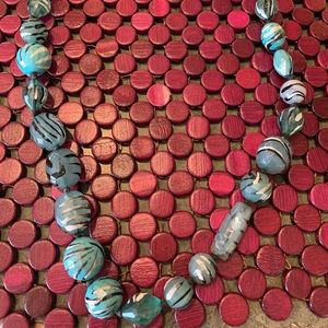 Hand painted long vintage, blue beaded necklace